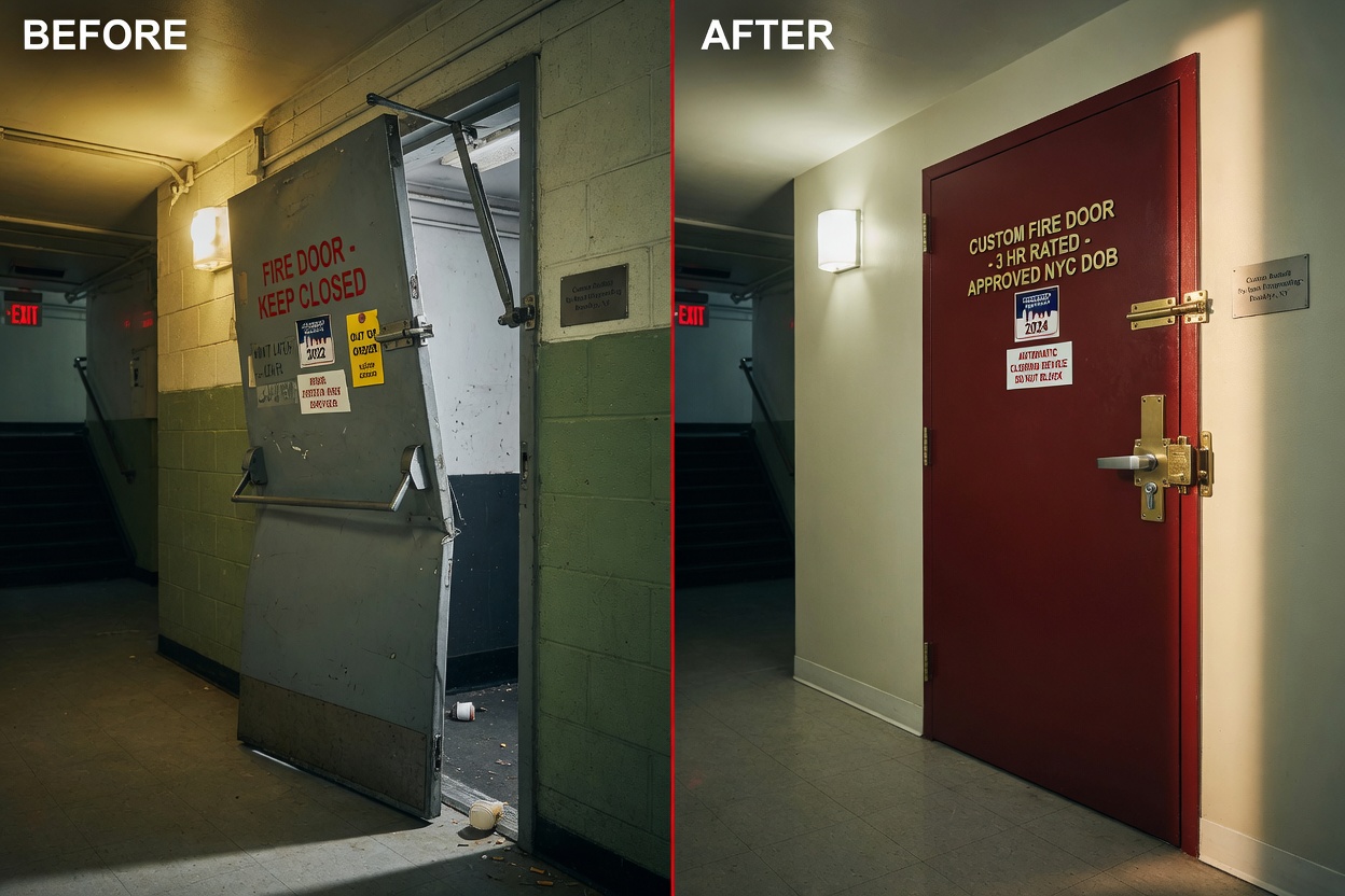 Before and after split image showing a failing self-closing fire door that won't latch versus a properly closing custom fire door in an NYC building corridor
