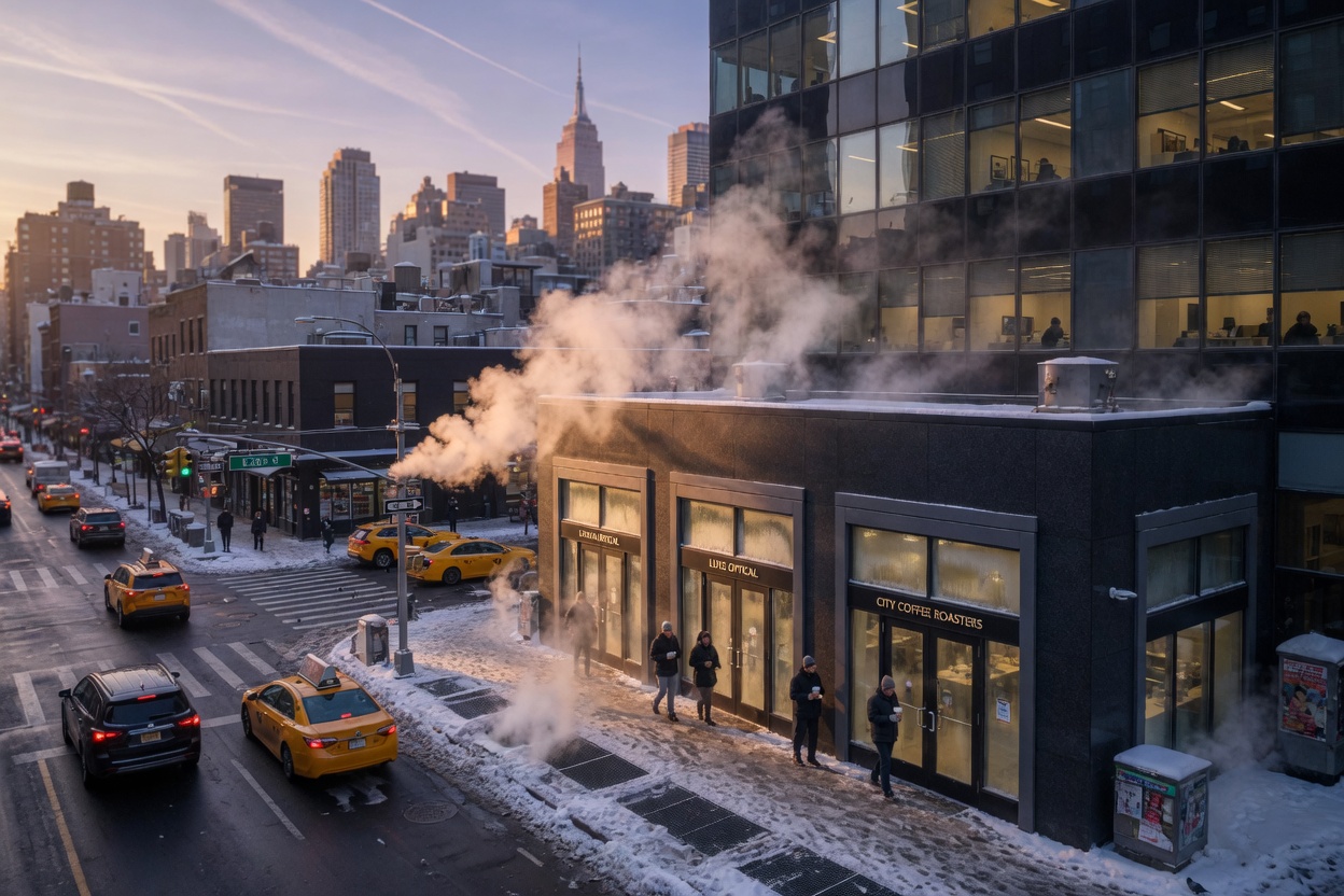 Ultra-realistic 8K aerial view of busy Manhattan commercial building with newly installed thermal break storefront doors during winter, steam rising from street, cinematic cityscape photography