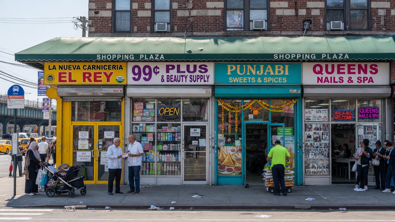 Wide 8K photograph of a busy Queens retail street with multiple compliant storefront entrances fabricated from aluminum and glass, vibrant daytime scene