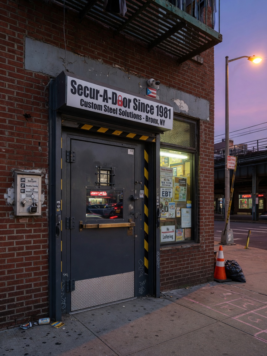 8K ultra-photorealistic view of a Bronx mixed-use building entrance with a newly installed custom heavy-gauge steel security door, evening lighting, clear 'Secur-A-Door Since 1981' signage, realistic street details, cinematic depth