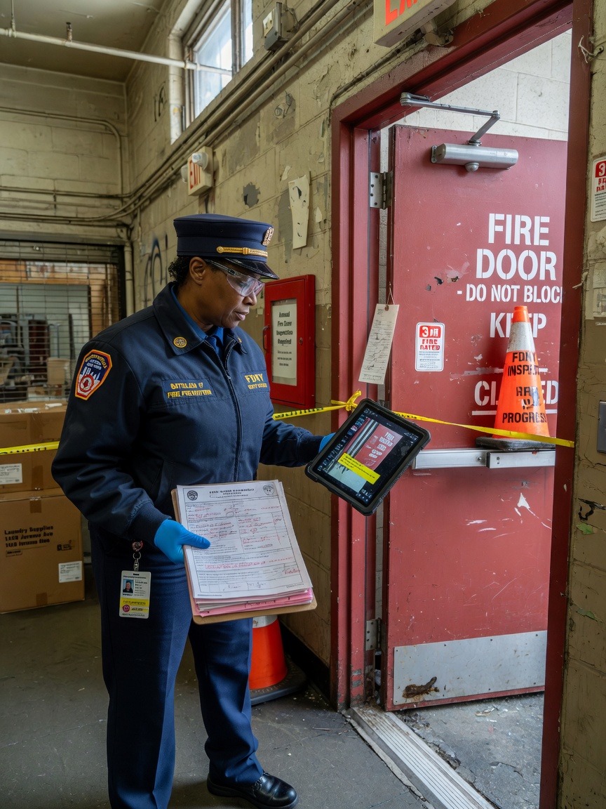 FDNY inspector in uniform examining a fire door assembly during an official inspection in a Bronx commercial building, clipboard and tablet visible, serious expression