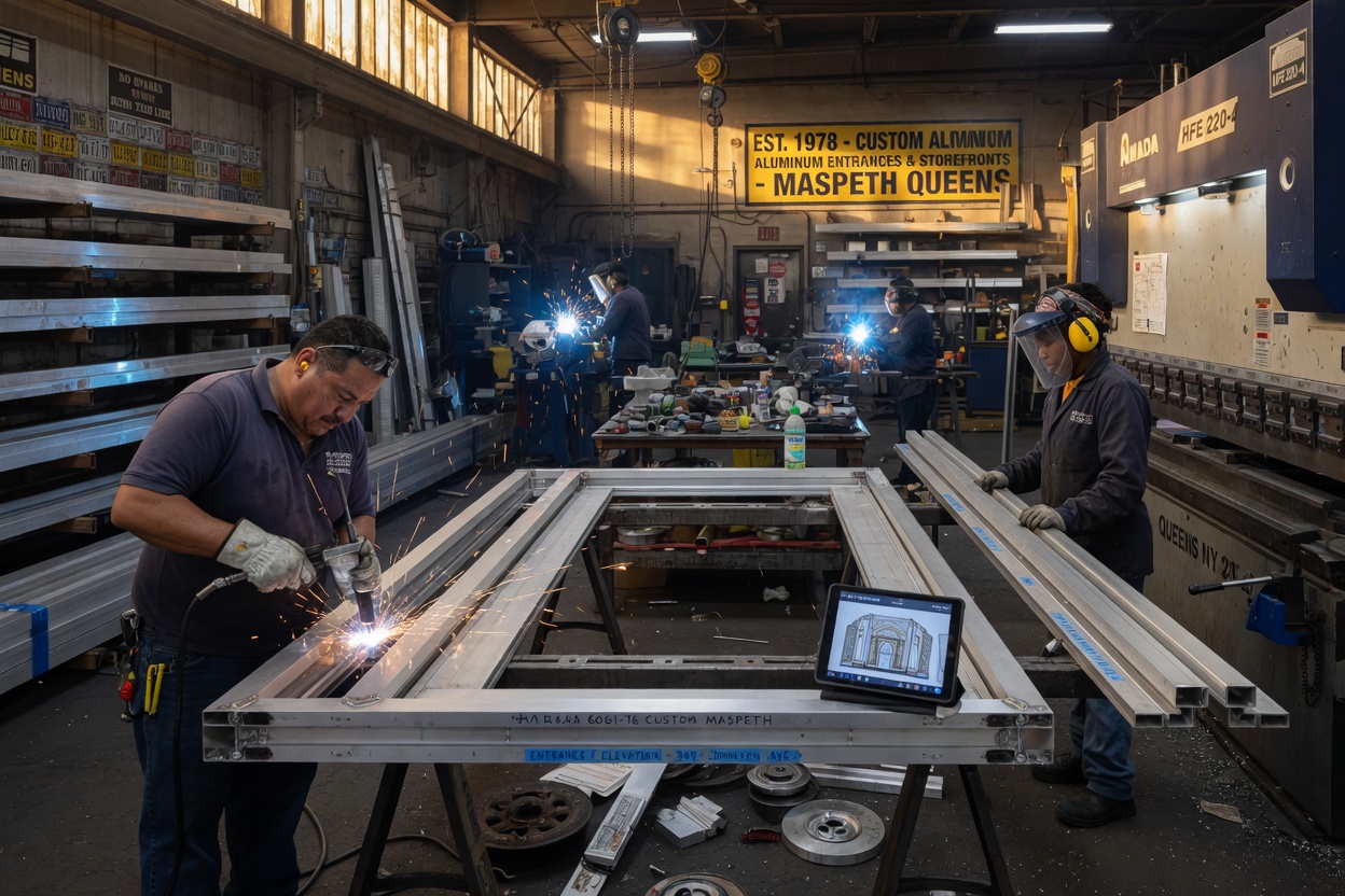 8K detailed image of heavy-gauge custom aluminum entrance fabrication process inside Maspeth Queens factory, skilled technicians at work, industrial realism, documentary style