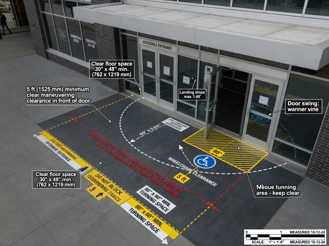 Technical 8K image demonstrating proper maneuvering clearance requirements in front of an accessible commercial entrance, with floor markings and measurements overlaid