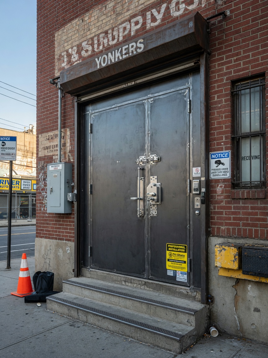 Ultra-realistic 8K image of Yonkers commercial property featuring a large custom fabricated steel security door with integrated locking system, professional installation complete, clear daylight, detailed architectural elements