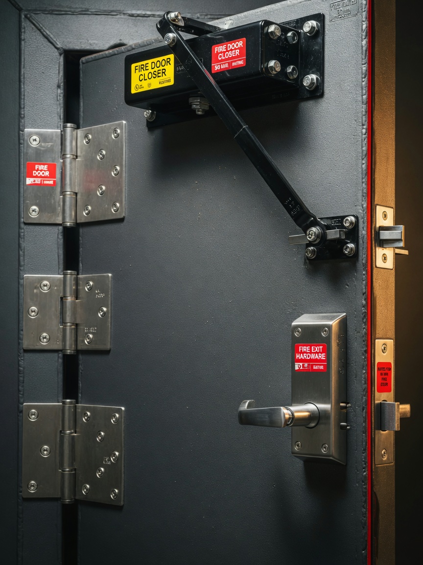 Detailed view of compliant fire door hardware including fire-rated closer, hinges, and latch on a heavy kalamein door, studio lighting with sharp focus
