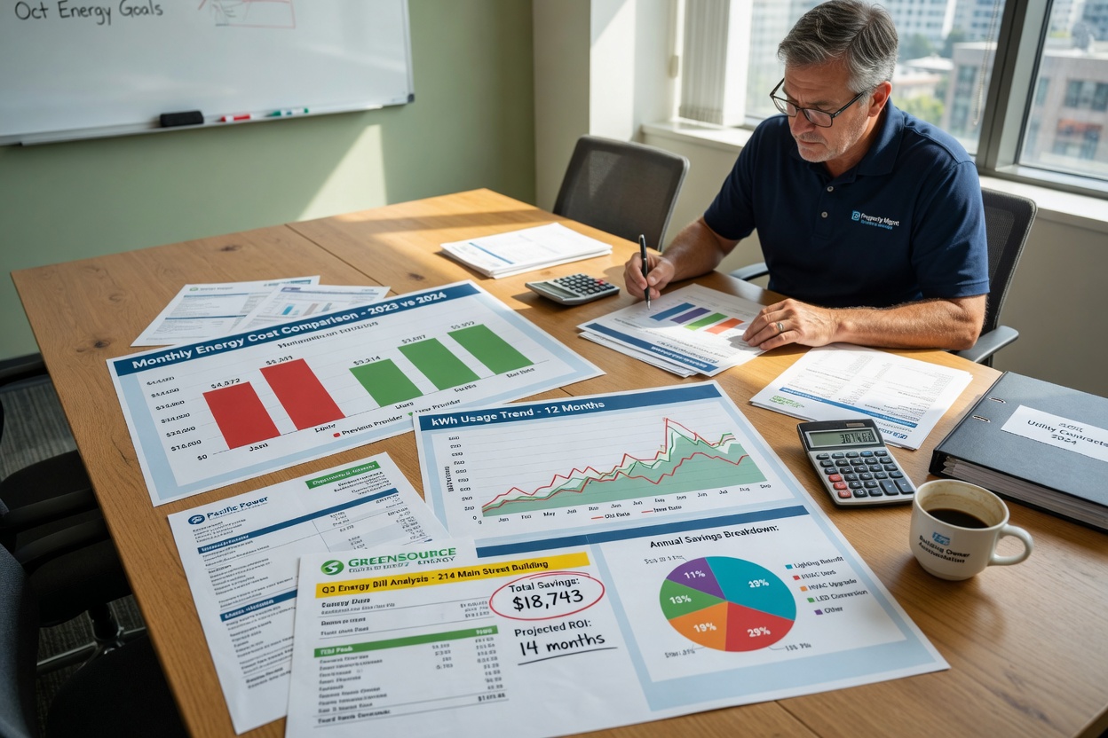 Ultra-realistic 8K photo of energy bill comparison charts and graphs on wooden conference table with building owner reviewing documents, natural window light, professional business photography