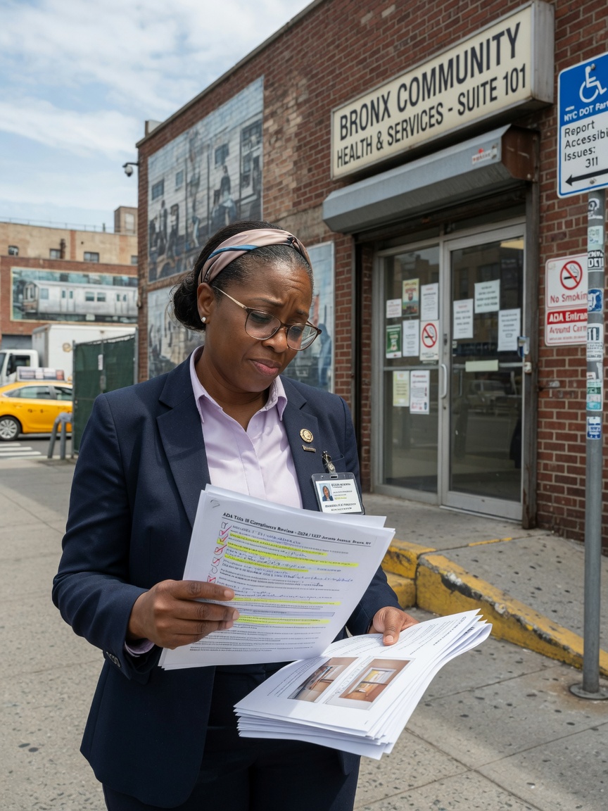 Ultra-realistic 8K portrait of a professional facility director reviewing ADA compliance documentation outside a Bronx commercial building, natural expression