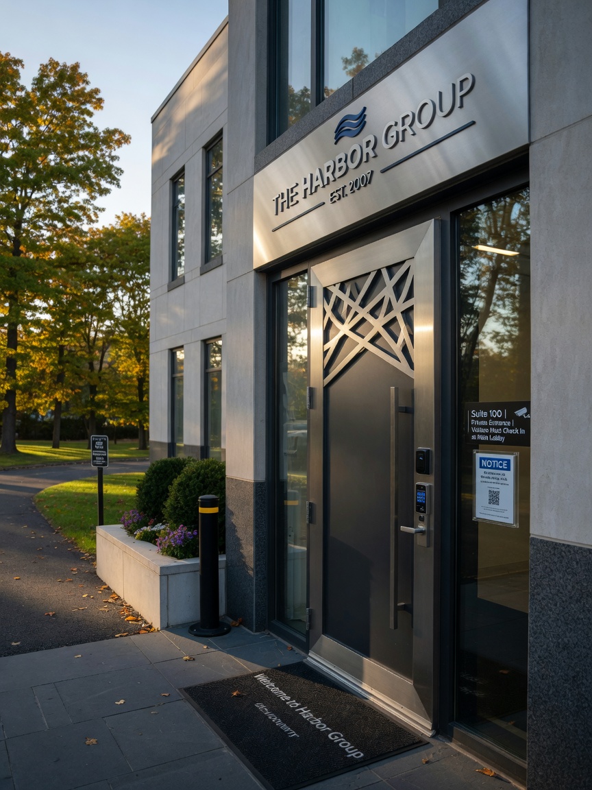 8K photorealistic scene of a Westchester County office building entrance secured by a custom-designed steel security door with modern aesthetic, perfectly legible signage, professional appearance, natural surroundings, ultra-sharp detail