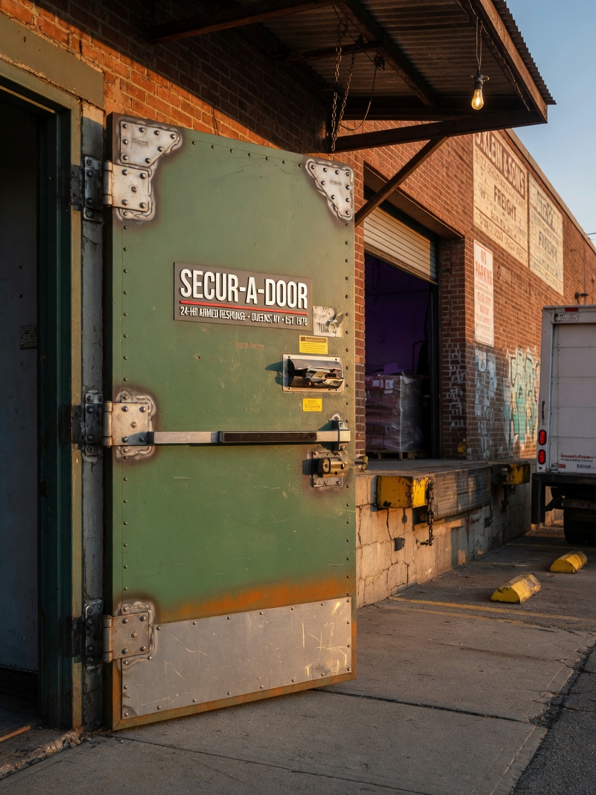 8K photorealistic image of a heavy-gauge steel front entry door on a Queens warehouse at golden hour, precise welding details visible, legible Secur-A-Door signage, industrial loading dock in background, hyper-realistic photography, sharp focus, natural lighting