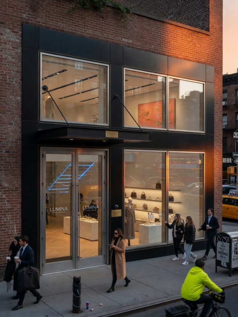Ultra-realistic 8K photograph of a modern Manhattan storefront with sleek aluminum commercial glass doors during golden hour, showing reflective surfaces and high-end retail interior visible through the glass, detailed brick architecture, pedestrians walking by, NYC street scene
