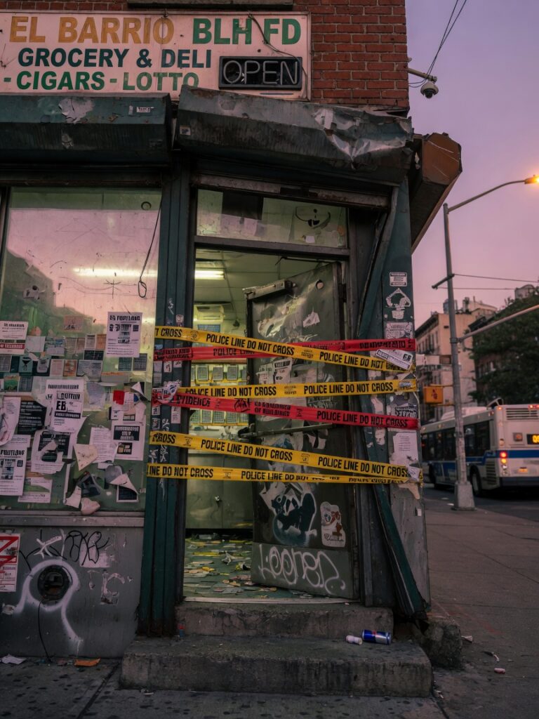 Ultra-realistic 8K photograph of a warped commercial steel door frame on a NYC storefront at dusk with visible gaps and security tape, dramatic urban lighting, high detail, photorealistic