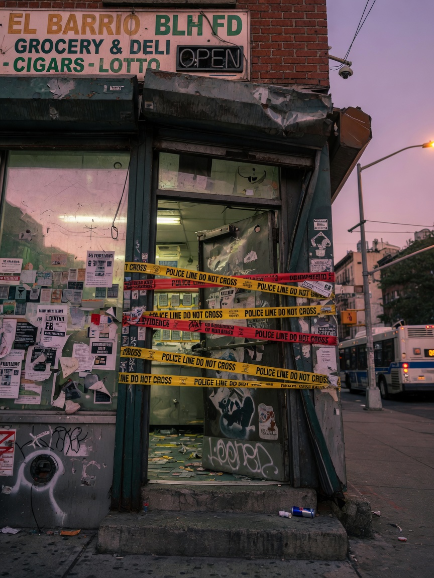 Ultra-realistic 8K photograph of a warped commercial steel door frame on a NYC storefront at dusk with visible gaps and security tape, dramatic urban lighting, high detail, photorealistic