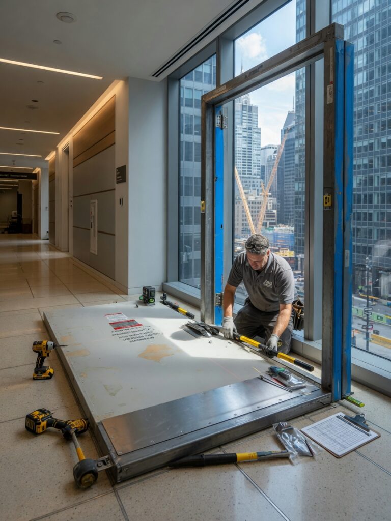 Ultra-realistic 8K photograph of a professional technician carefully installing a heavy-gauge steel 90-minute fire door in a modern NYC high-rise office building corridor, precise tools visible, natural daylight coming through windows, highly detailed textures on steel and frame