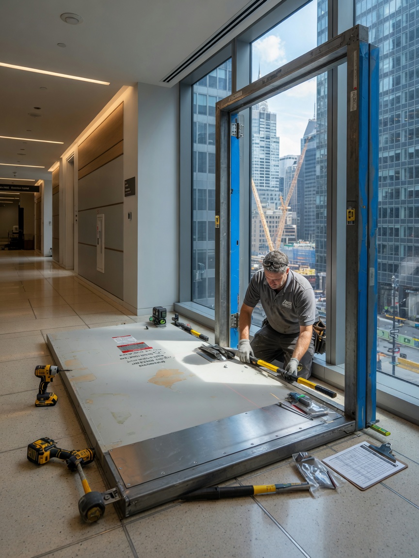 Ultra-realistic 8K photograph of a professional technician carefully installing a heavy-gauge steel 90-minute fire door in a modern NYC high-rise office building corridor, precise tools visible, natural daylight coming through windows, highly detailed textures on steel and frame