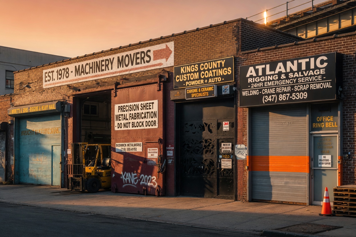 Photorealistic golden hour shot of Brooklyn industrial block with multiple custom fabricated service doors, legible business signage, warm light, cinematic composition, real photography style