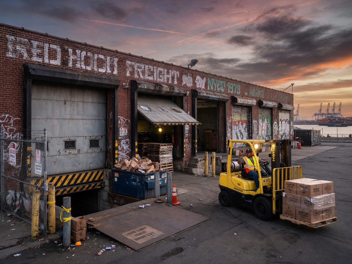 Photorealistic 8K image of a warehouse loading dock in Red Hook Brooklyn with three heavy steel commercial overhead doors in different positions, forklift approaching, industrial atmosphere, dramatic sky