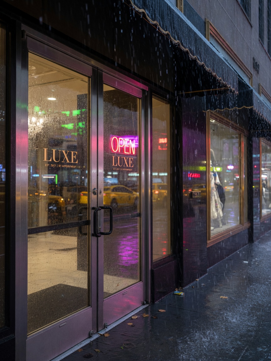 Storm-rated commercial storefront doors on a luxury NYC retail building during heavy rain, water beading on glass, dramatic atmosphere, ultra-realistic