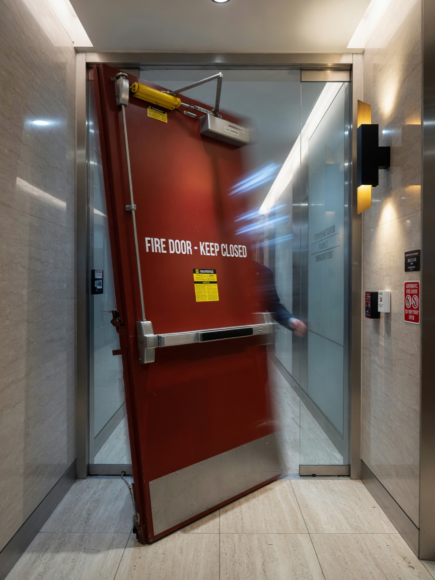 Dynamic 8K image of a self-closing fire door mechanism in action, captured mid-close with motion blur on the door, clean architectural setting in a high-end Manhattan building