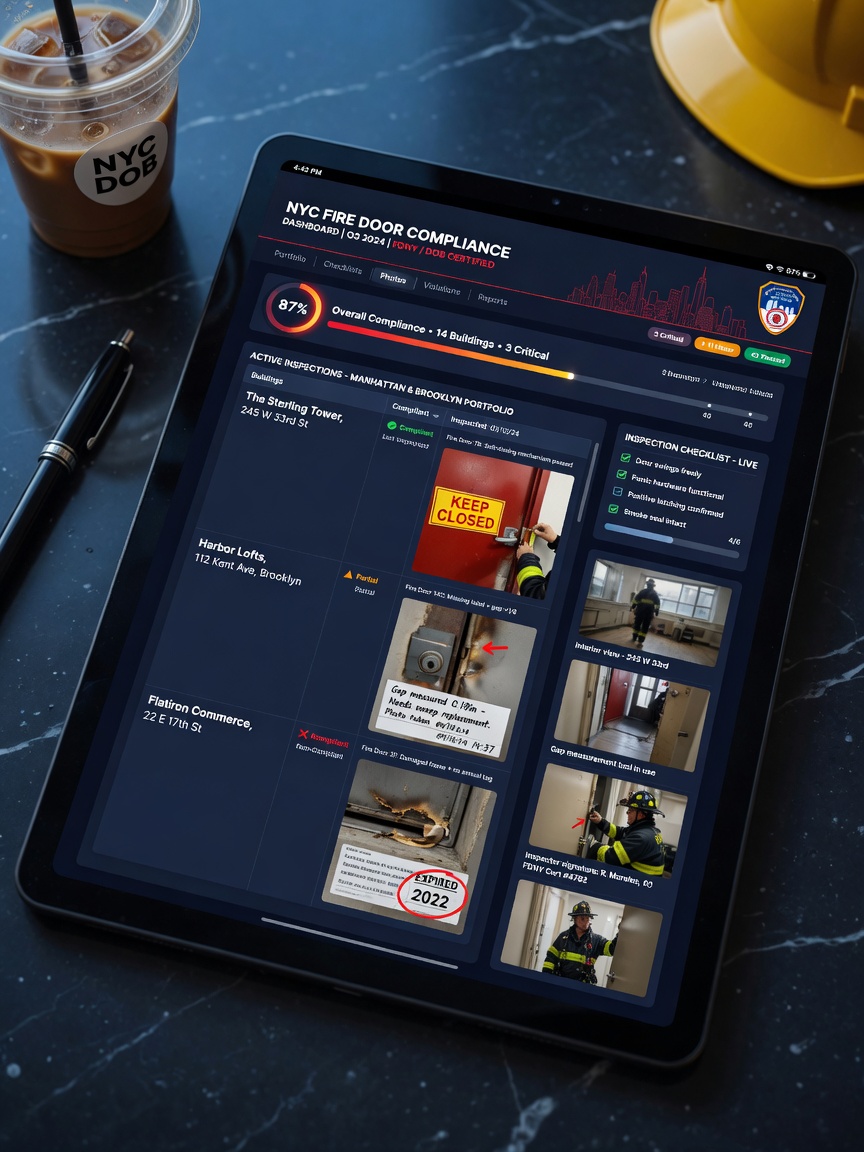 Cinematic ultra-realistic 8K photograph of a digital fire door compliance dashboard on a tablet screen showing inspection checklist, photos, and compliance status for multiple NYC buildings
