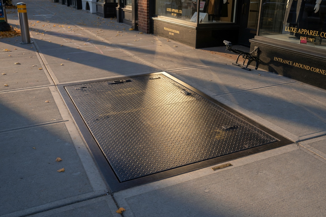 Realistic 8K photo of a Westchester commercial property featuring a custom-fabricated flush sidewalk cellar door, perfect concrete integration, diamond-plate metal with rich texture detail, golden sunlight creating beautiful highlights and shadows