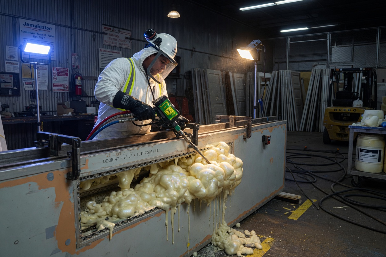 8K photoreal image of polyurethane foam injection during industrial door core filling process inside Queens fabrication shop, technical precision, worker in protective gear