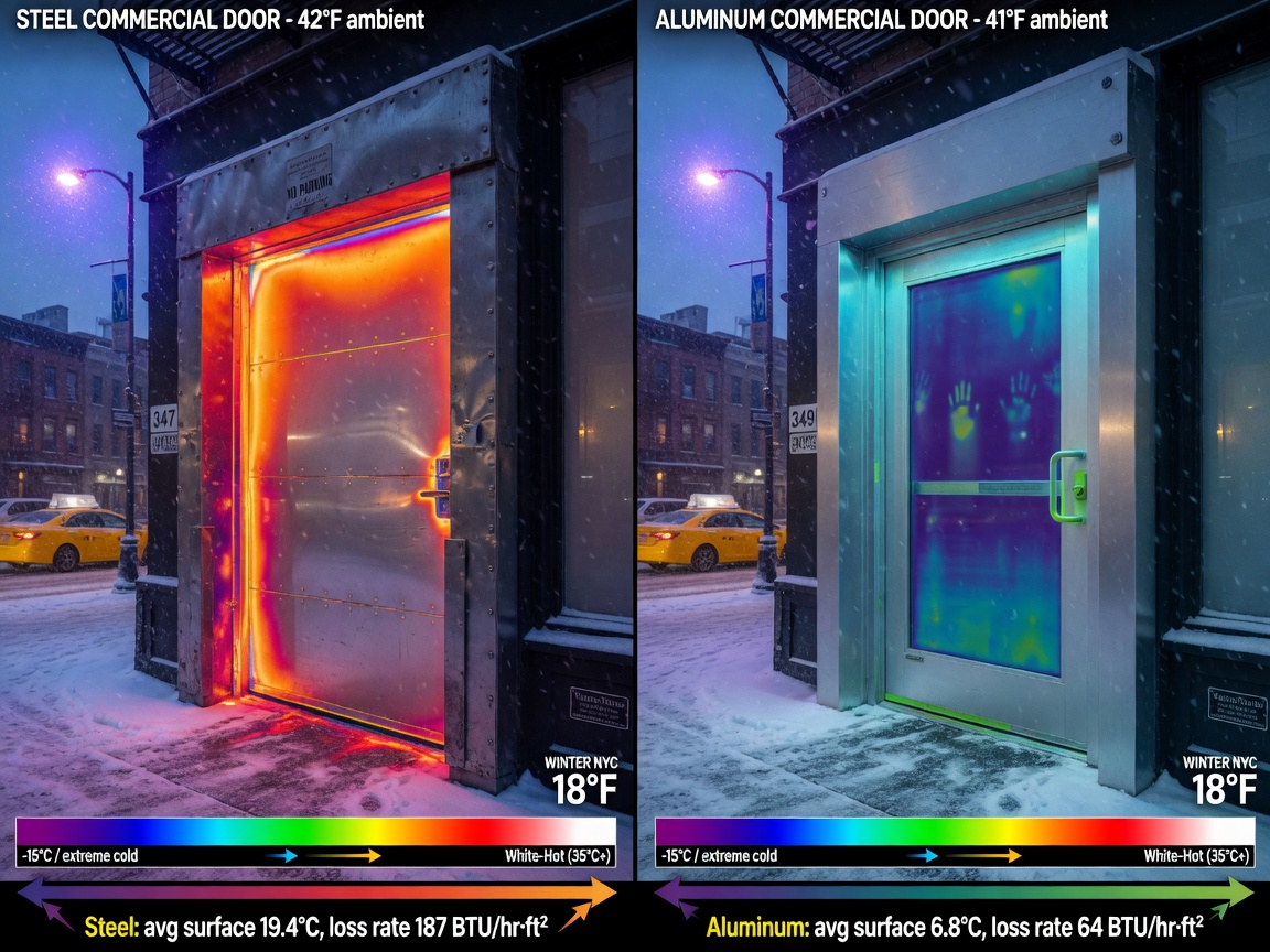 Ultra-detailed 8K technical illustration showing thermal imaging comparison of heat loss through steel versus aluminum commercial doors in winter NYC conditions, color-coded temperature mapping