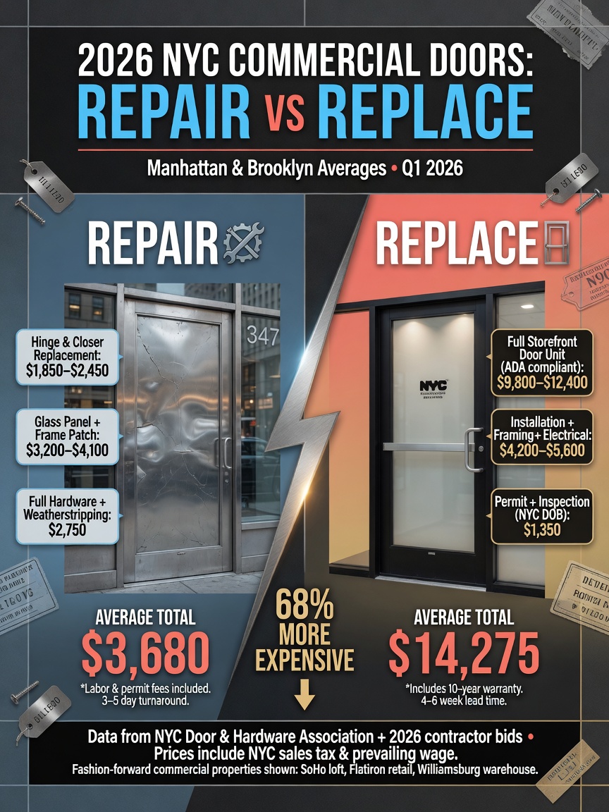 Cost comparison infographic showing repair versus replacement prices for 2026 NYC commercial doors with dollar figures, clean modern design, photorealistic rendering