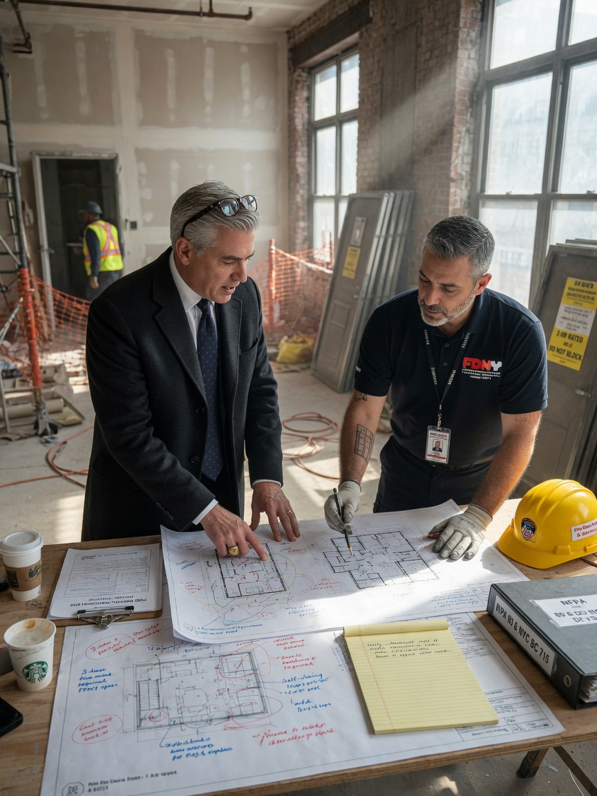 Ultra-realistic 8K photo of a building owner and certified NYC fire door installer discussing plans over architectural drawings at a construction site, natural window light, professional atmosphere