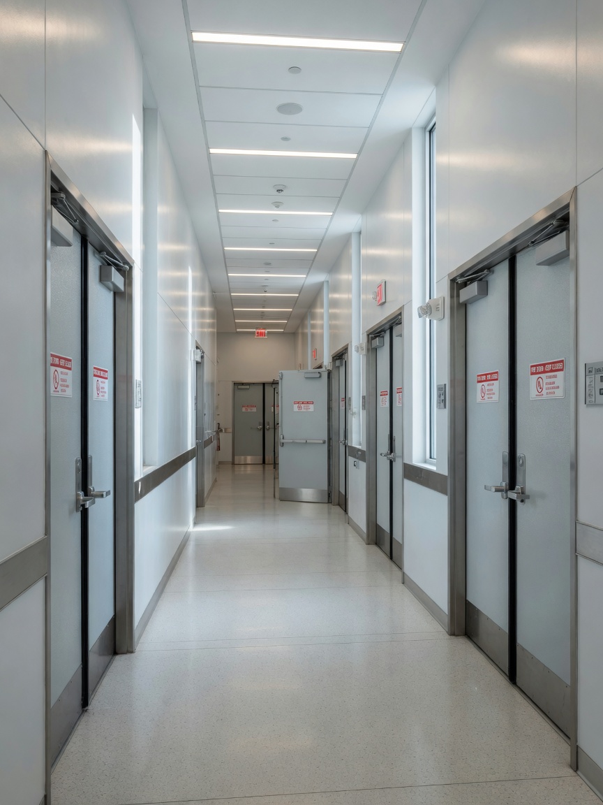Ultra-realistic 8K image of a high-rise corridor with multiple fire-rated double doors with proper astragal seals, modern architectural design, clean and bright