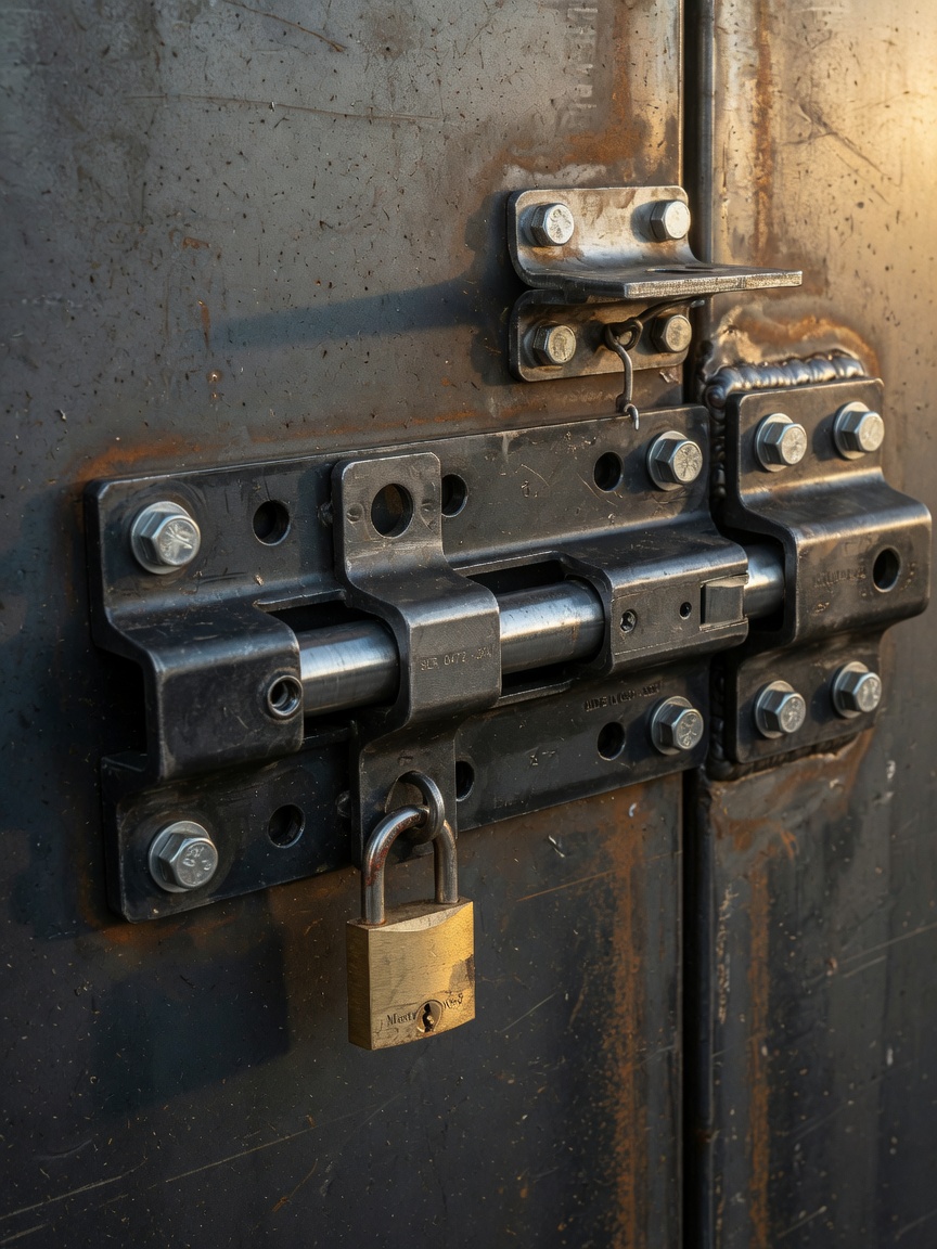 Ultra-realistic 8K image of lockable exterior slide-bolt hardware on a custom steel cellar door, close-up detail showing robust construction and machining quality, warm golden light accentuating metal textures and precise engineering