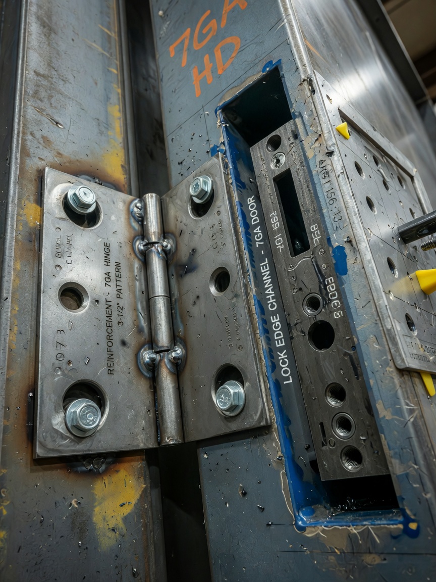 Ultra-realistic 8K photograph of heavy-duty commercial front entry door hardware preparation including 7-gauge hinge reinforcements and lock edge channel, extreme close-up detail