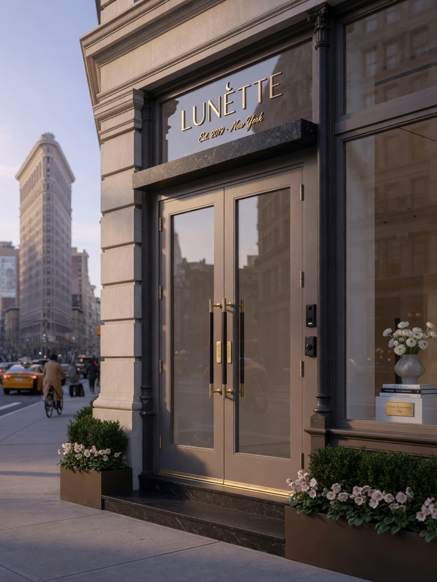 Realistic 8K photograph of a luxury Flatiron District boutique entrance with custom powder-coated aluminum commercial doors, elegant branding, high-end architectural details, soft morning light