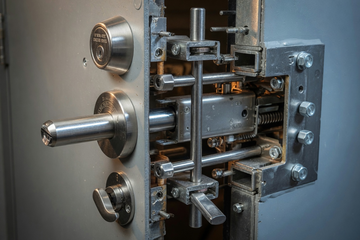Multi-point locking system engaging on reinforced commercial door, cross-section technical view showing 1-inch deadbolt throw, ultra-detailed 8K