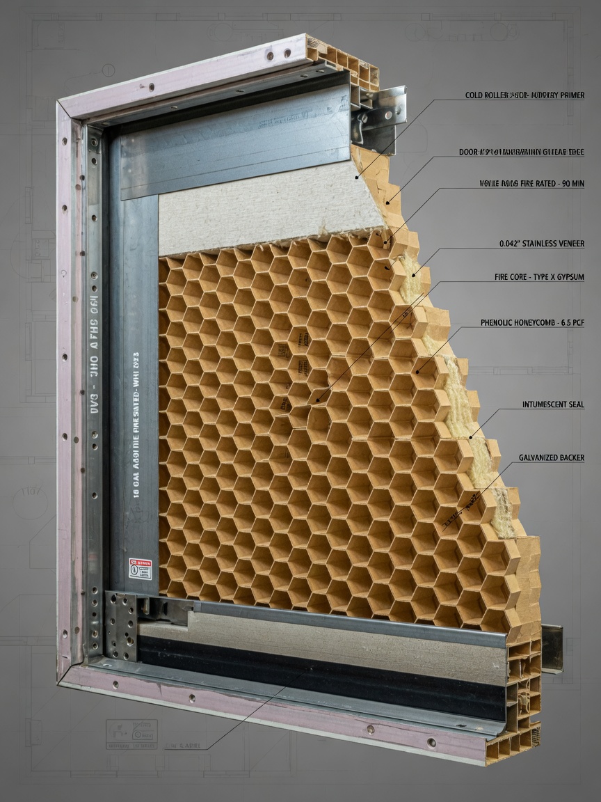Detailed 8K technical image showing the internal honeycomb core construction of a commercial fire-rated door with cutaway view, precise engineering visualization style