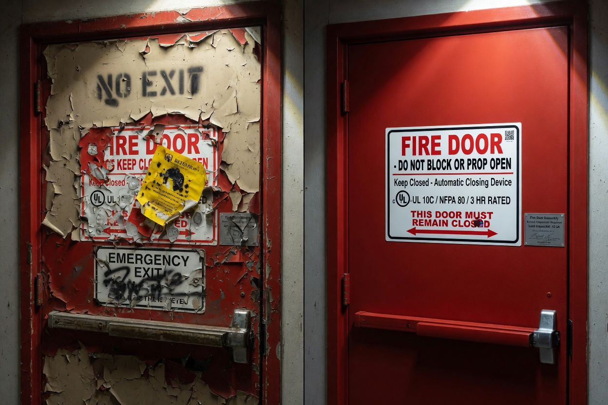 Before and after ultra-realistic 8K split image showing a damaged painted-over fire door label on left and a clearly visible compliant label on right, same door