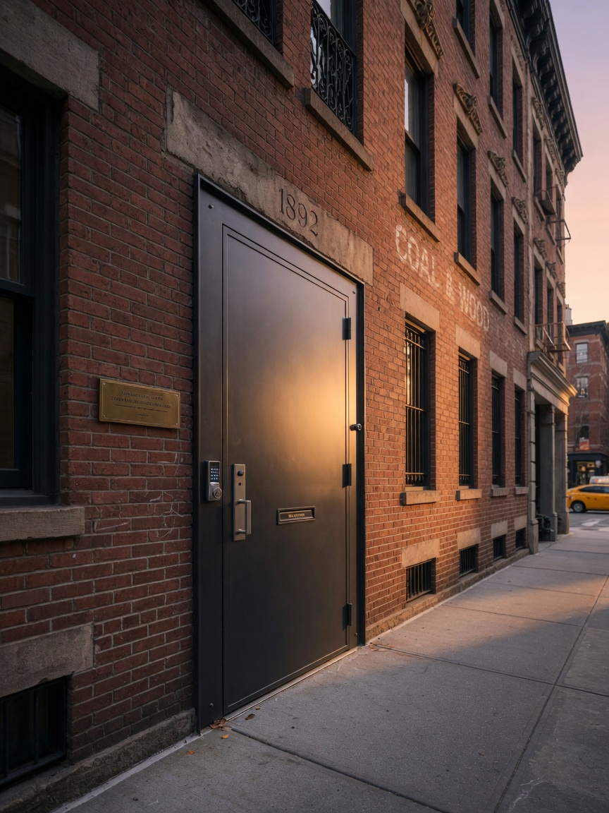 8K photorealistic photograph of a complete coal chute conversion on a historic Manhattan building, custom steel door fully integrated, secure and flush installation, golden hour lighting highlighting architectural details