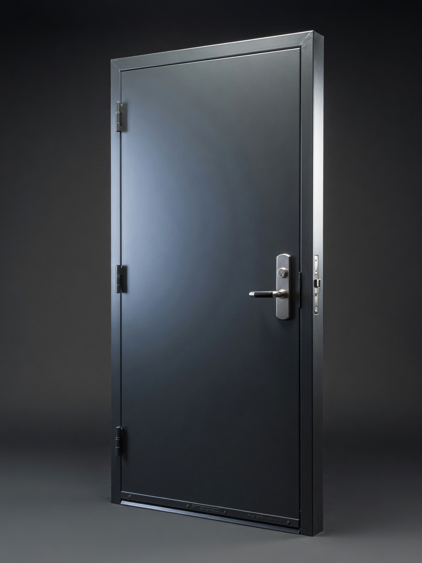 8K hyper-realistic image of finished 16-gauge steel door with two-component polyurethane coating in dark gray, studio lighting showing perfect surface quality and color depth