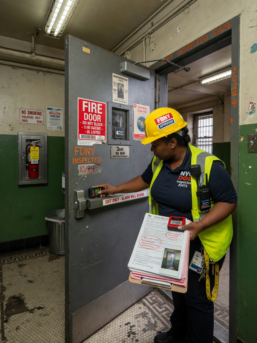 8K ultra-realistic image of a building inspector examining fire-rated steel commercial door with clipboard in a Bronx apartment building hallway, professional setting, code compliance focus