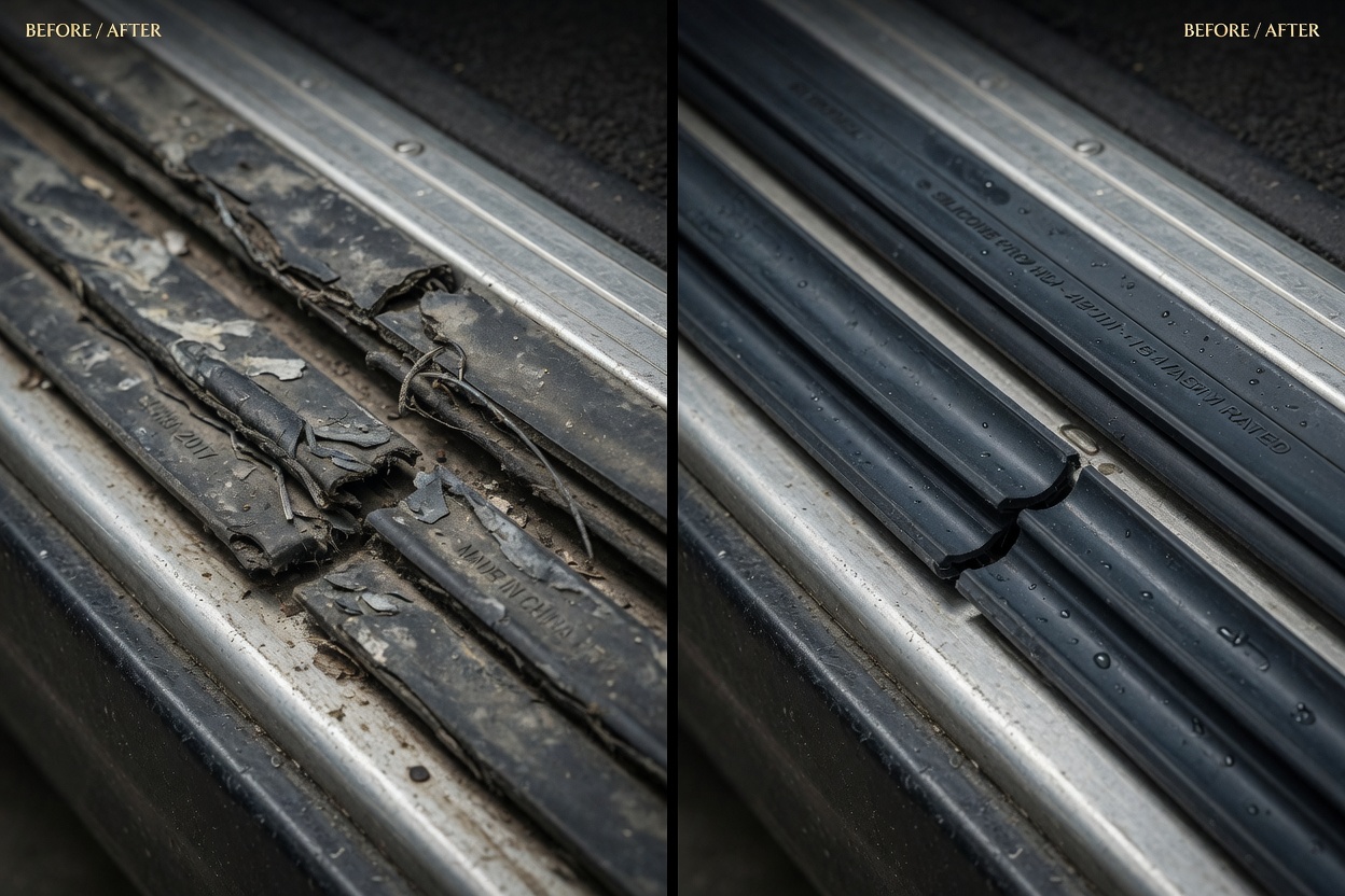 Before and after split image of deteriorated weatherstripping versus new heavy-duty silicone seals on commercial threshold, macro photography