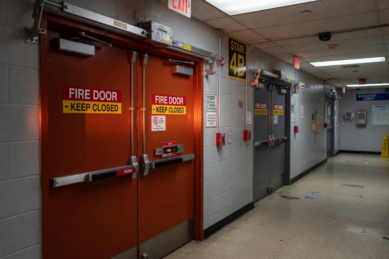 Ultra-realistic 8K photograph of multiple fire doors with proper coordination devices installed on double-door openings in a wide NYC office building hallway, perspective view