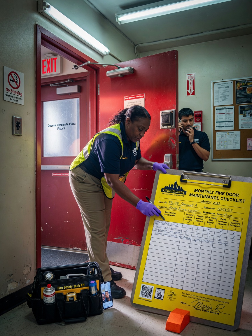 Professional 8K photograph of a monthly fire door maintenance checklist being completed by building staff in a Queens office building, realistic workplace scene