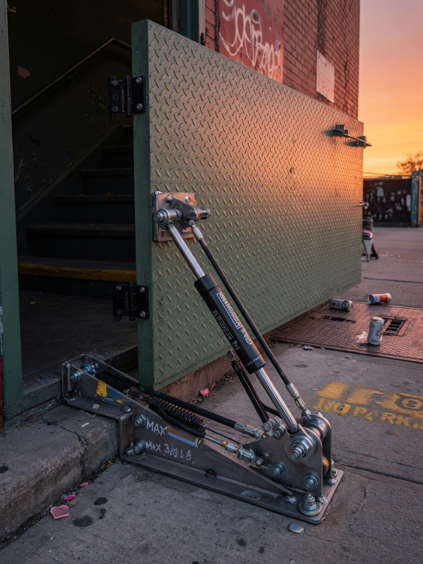 Detailed 8K image of hydraulic assist mechanism on an open diamond-plate sidewalk door, showing engineering quality and robust construction, professional installation, warm sunset light across the scene in Brooklyn