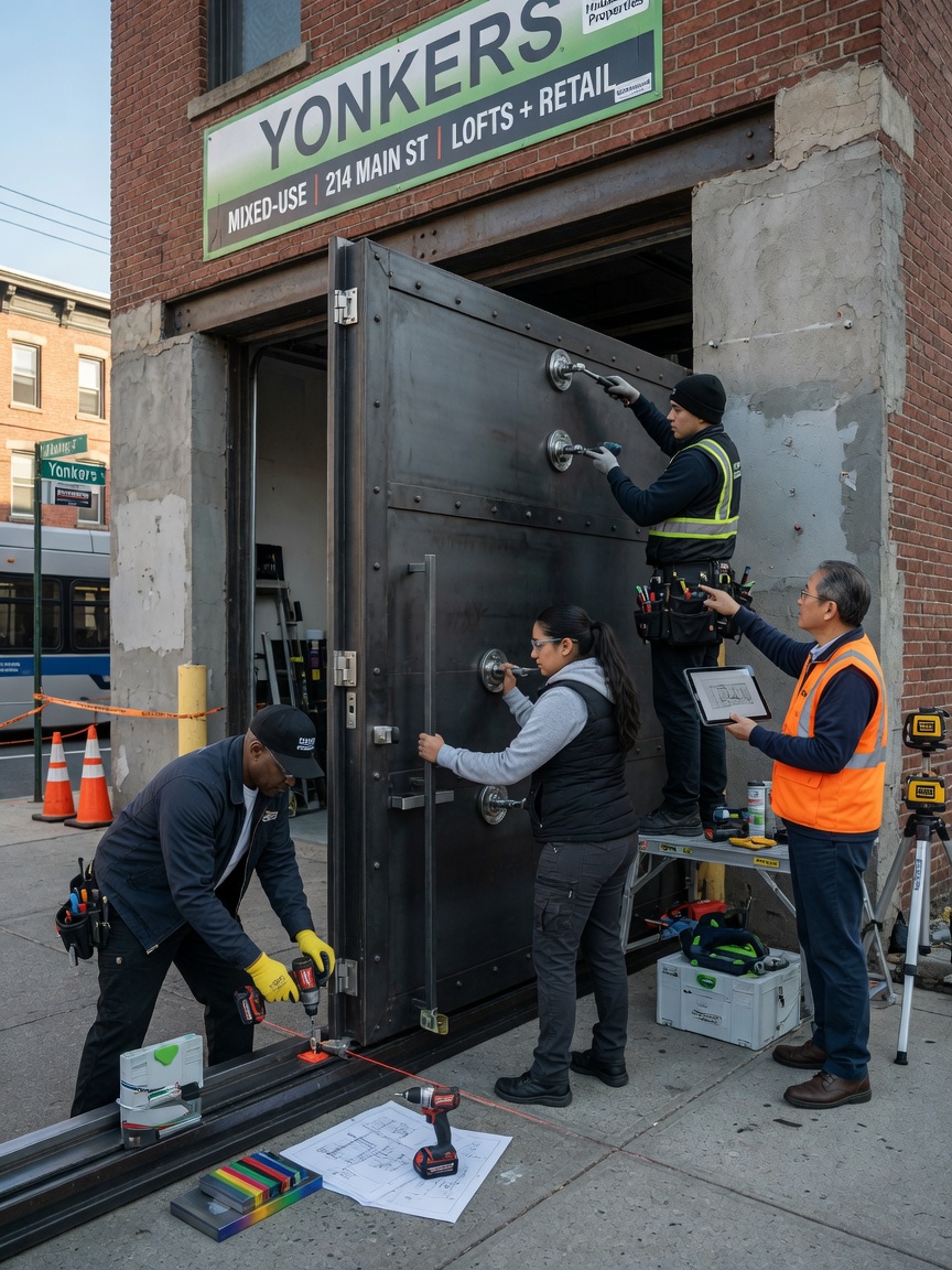 Photorealistic 8K photo of installation crew setting a large custom industrial door into a Yonkers mixed-use building opening, precise alignment, professional tools visible