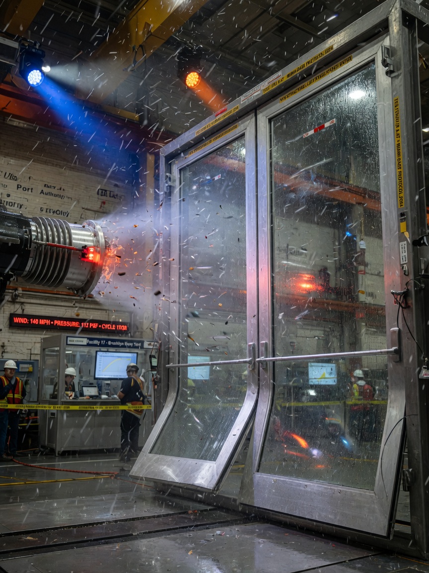 Dramatic 8K photograph of hurricane wind simulation testing on large aluminum storefront doors, rain streaks, dramatic lighting, engineering test facility in New York