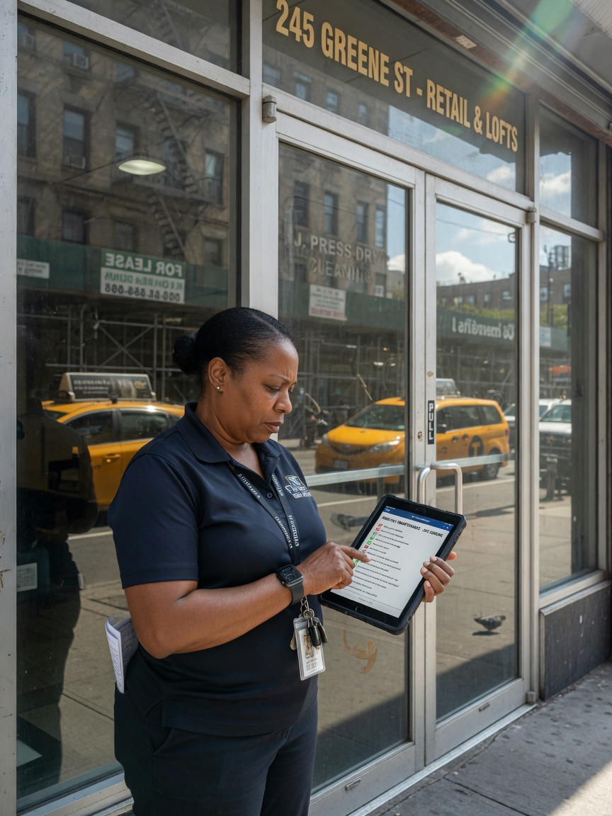 NYC retail building manager reviewing maintenance checklist on tablet while standing in front of glass storefront doors, natural daylight, realistic