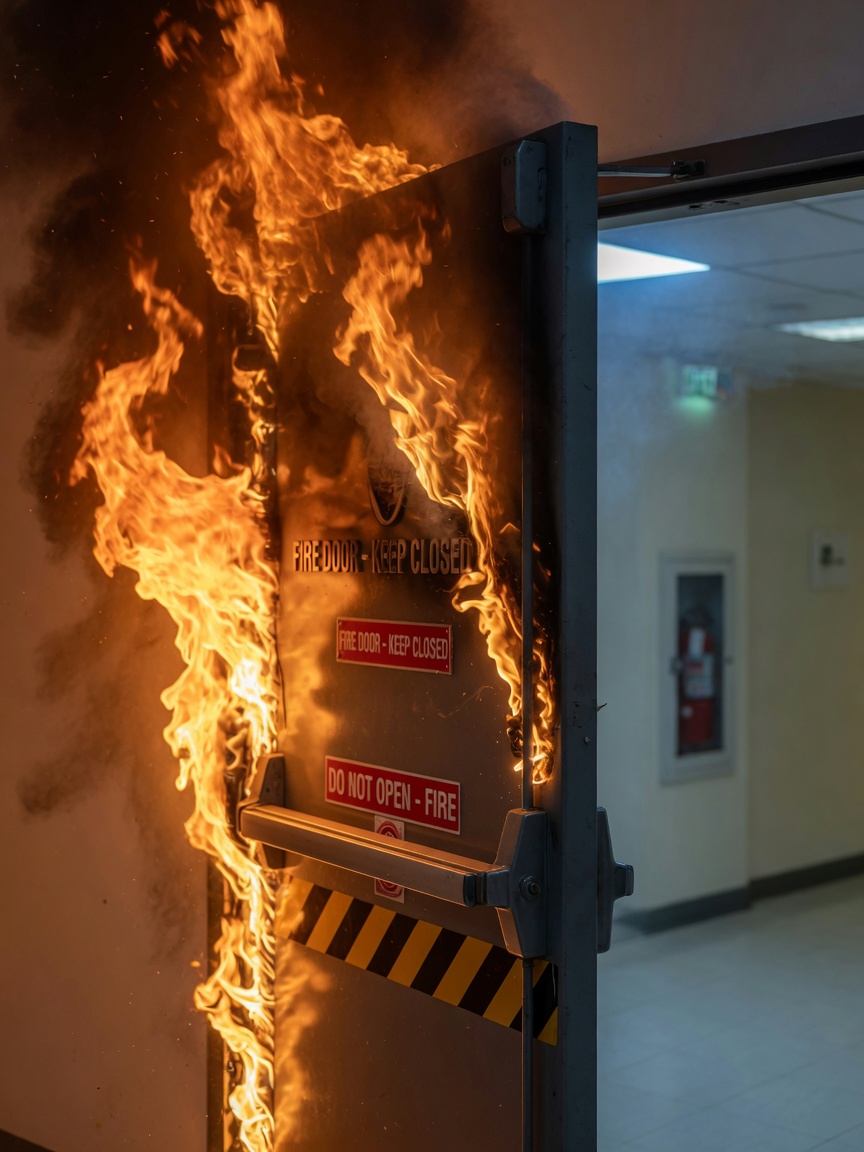 Dramatic 8K image illustrating fire containment with glowing orange flames stopped by a closed fire door while the other side remains safe, conceptual but realistic rendering
