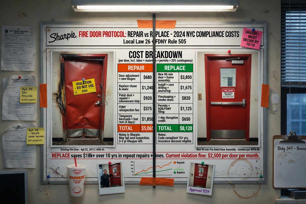 Ultra-detailed 8K cost comparison infographic rendered as a physical board in an NYC property management office, showing repair vs replace pricing with fire door images