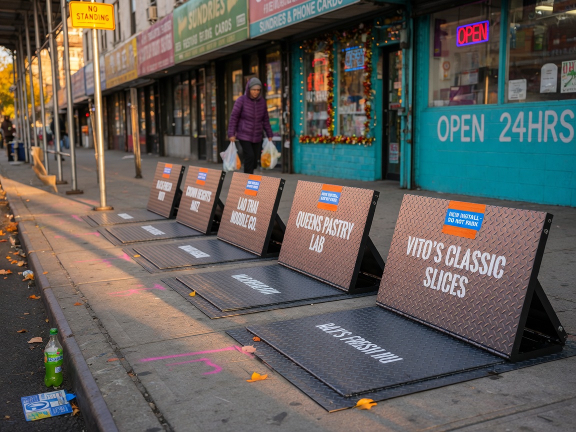 Ultra-realistic 8K photo of a row of newly installed custom storefront hatches along a vibrant Queens commercial sidewalk at golden hour, consistent diamond-plate pattern, perfect alignment, rich urban atmosphere
