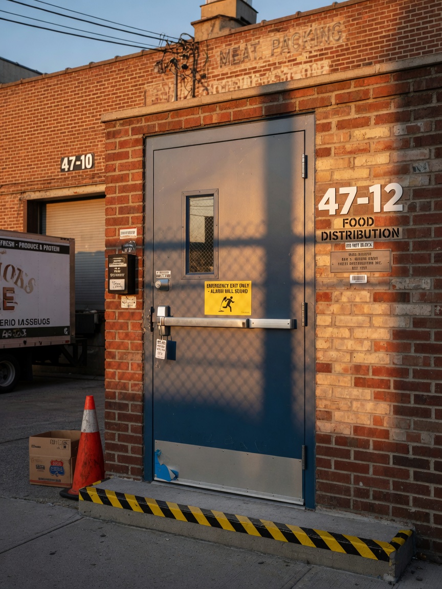Golden hour 8K ultra-realistic photograph of a newly installed steel front entry door on a Queens food distribution warehouse, perfect shadow detail, legible address numbers