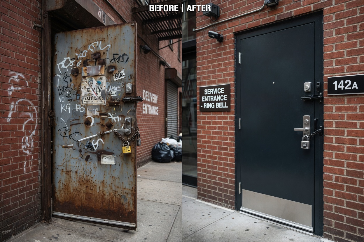 Photorealistic before and after 8K split image showing a neglected rusted steel commercial door transformed into a freshly painted and hardware-upgraded version, NYC building exterior